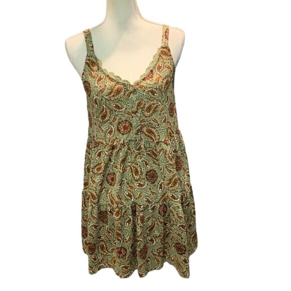 🔥🔥SALE🔥🔥MINE Green and Brown Paisley Print Babydoll Mini Dress - Picture 1 of 3